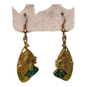 Art Deco Peacock Maiden Inspired Brass & Enamel Winged Woman Dangle Earrings